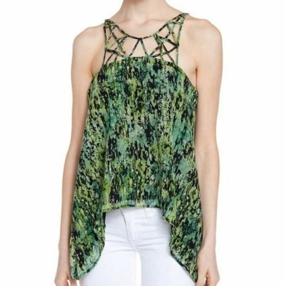 BCBGMAXAZRIA S Patterned Bakar Silk Cage Neck Tank Top In Evergreen Lined - Picture 1 of 12